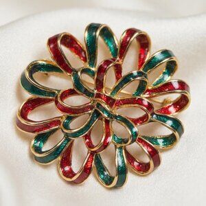 Christmas Ribbon Bow Brooch Red Green Glitter Enamel Holiday Pin 2.25 inch